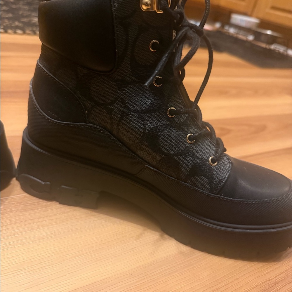Coach Black Signature Lace-Up Lug-Sole Ankle Boots - Picture 5 of 8